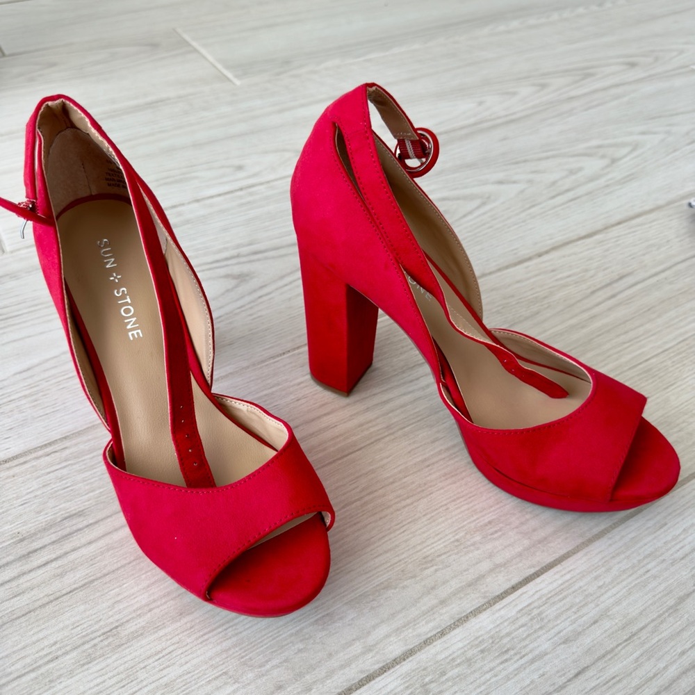 Sun + Stone Red Suede Block Heel Sandals